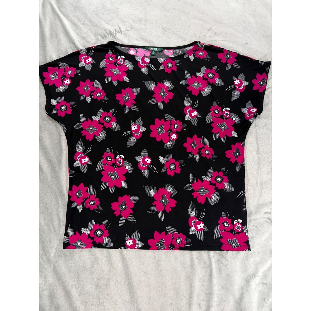 Lauren Ralph Lauren Womens black & Pink Floral Blouse Top Short Sleeve Small